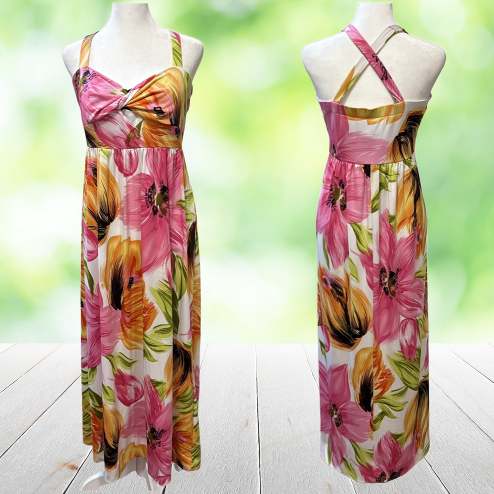 Vintage Y2K KARIN STEVENS Maxi Dress Empire Waist Floral Tropical Resort Size 10